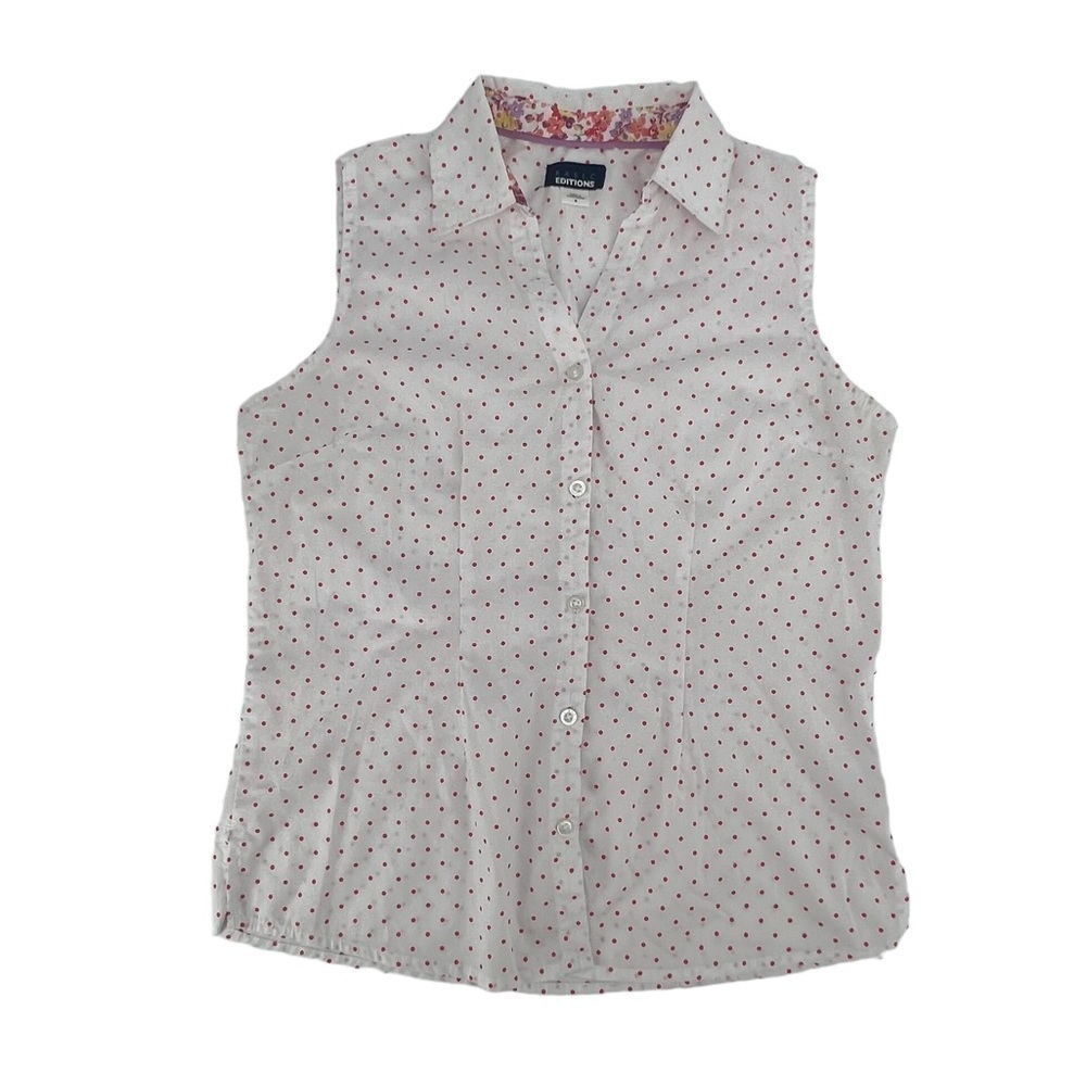 Basic Editions White Pink Polka Dot Sleeveless Collar Shirt Size Small Women’s
